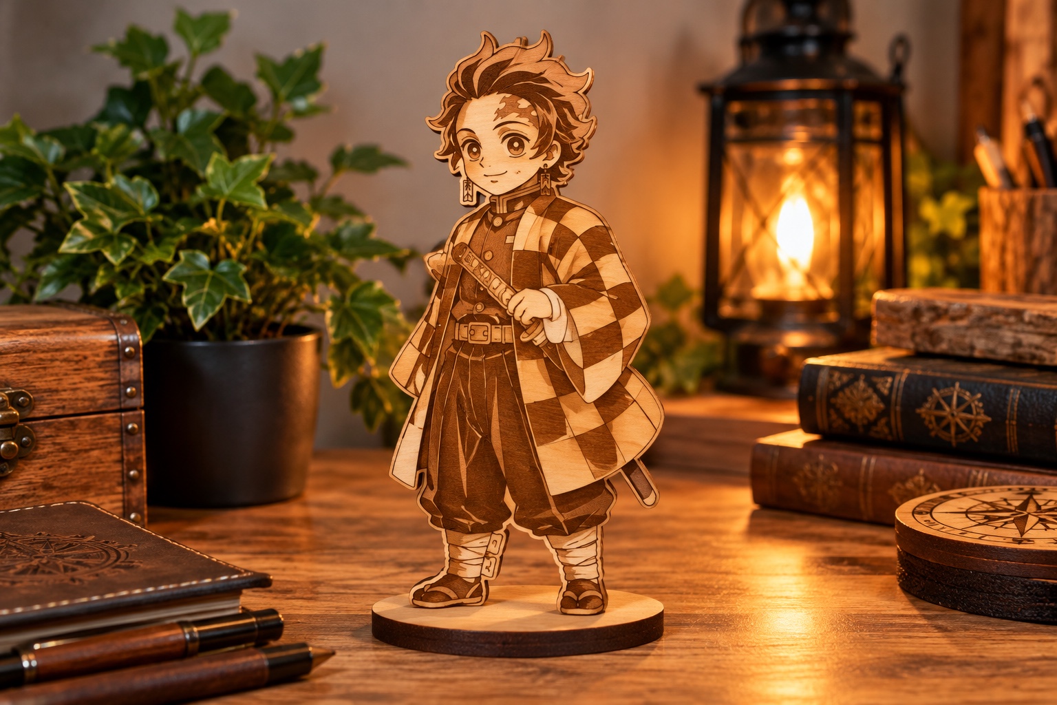 Figura de personaje de anime grabada y cortada en madera, de cuerpo completo