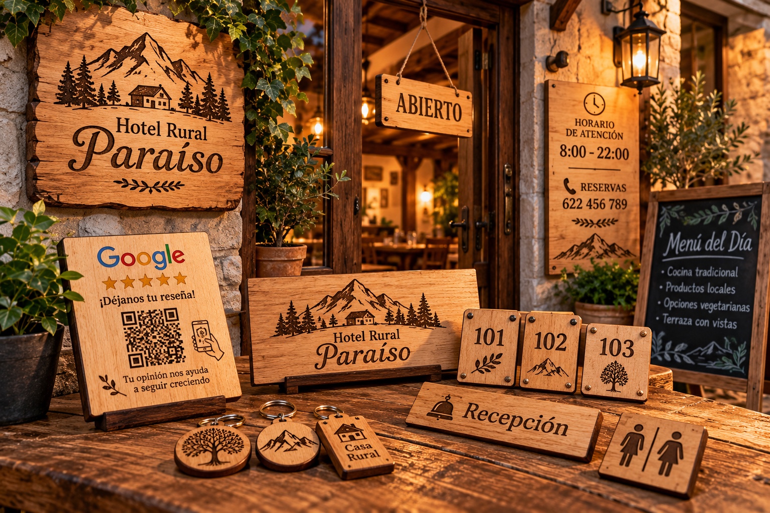 Cartelería y señalización de madera para hotel rural y alojamientos