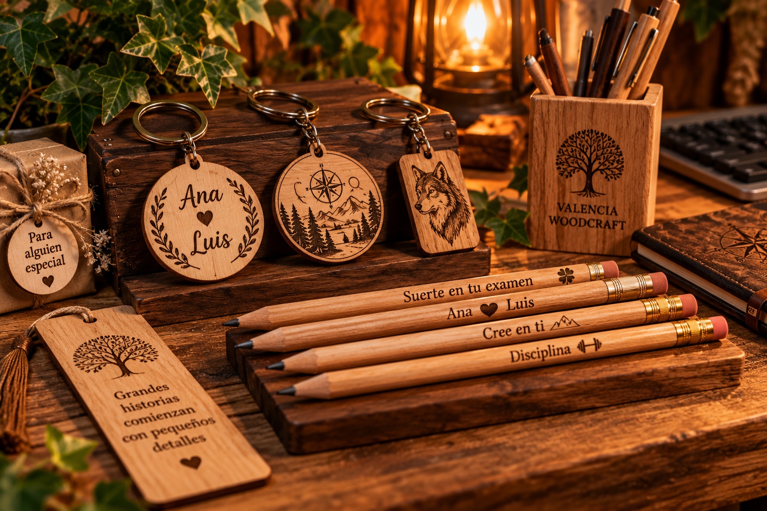 Llaveros, lápices y regalos de madera personalizados