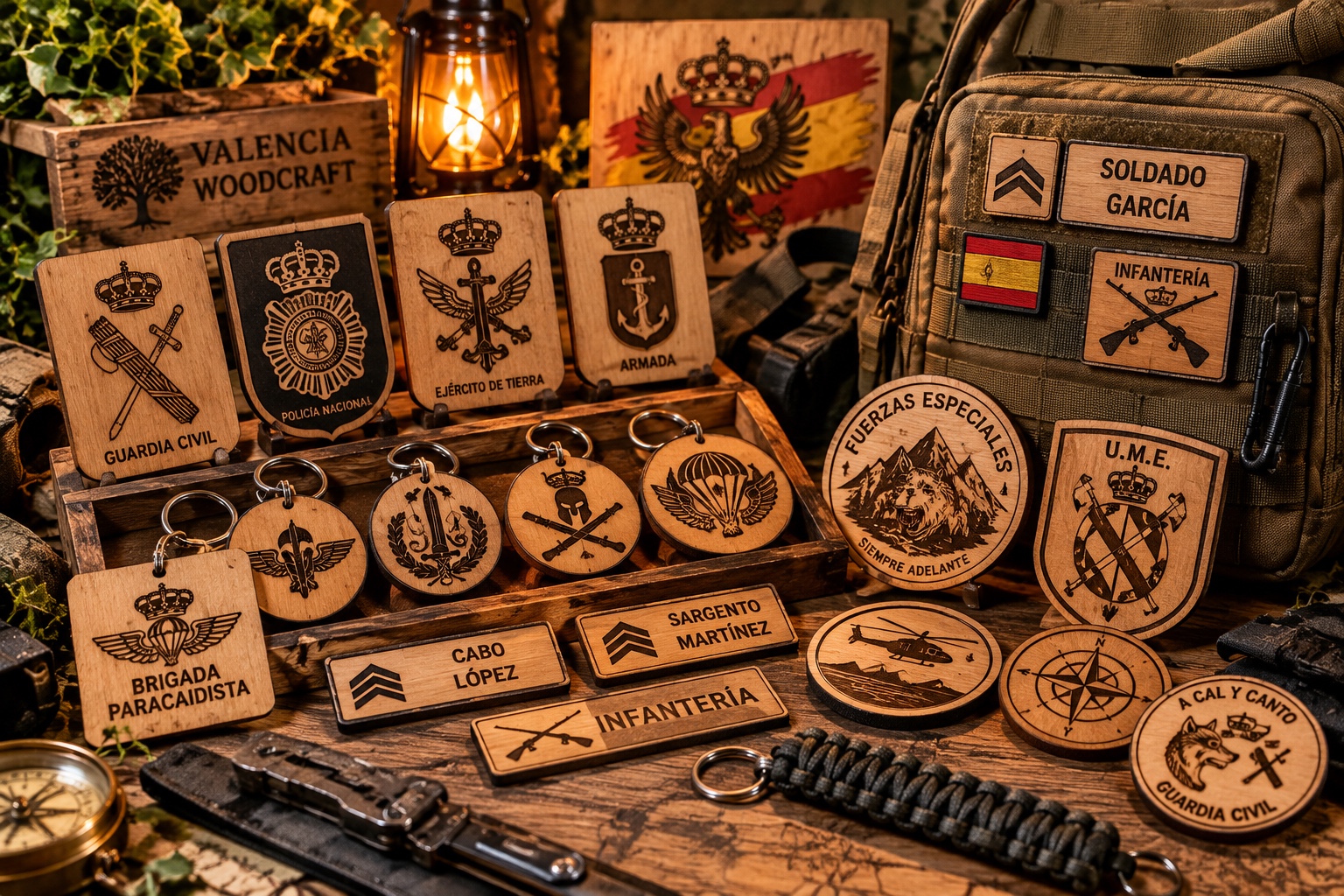 Emblemas, distintivos y piezas militares grabadas en madera